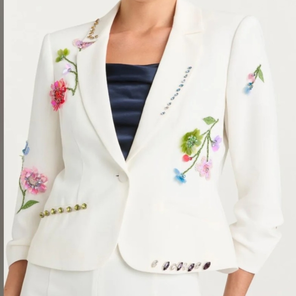 Cinq à Sept White Blazer with Floral Embroidery